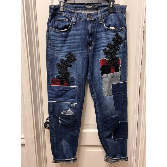 Lauren Ralph Lauren Women's Patchwork Lite Barrel Taper Jeans Sz 6 Festival Boho - Picture 3 of 8